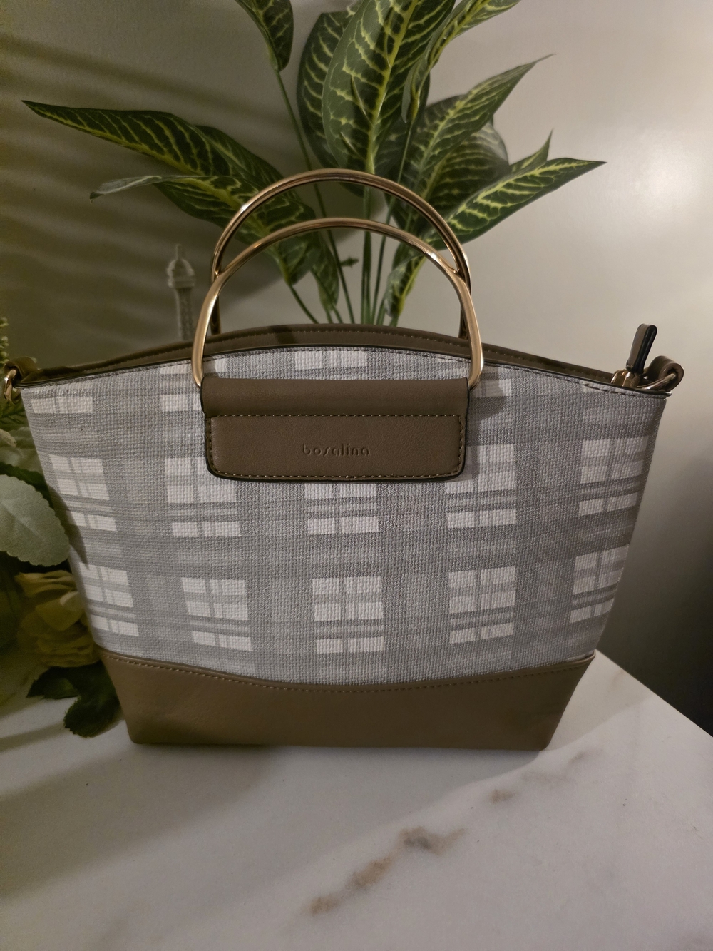 Gray Plaid Tote with Brown Trim and Gold Handles